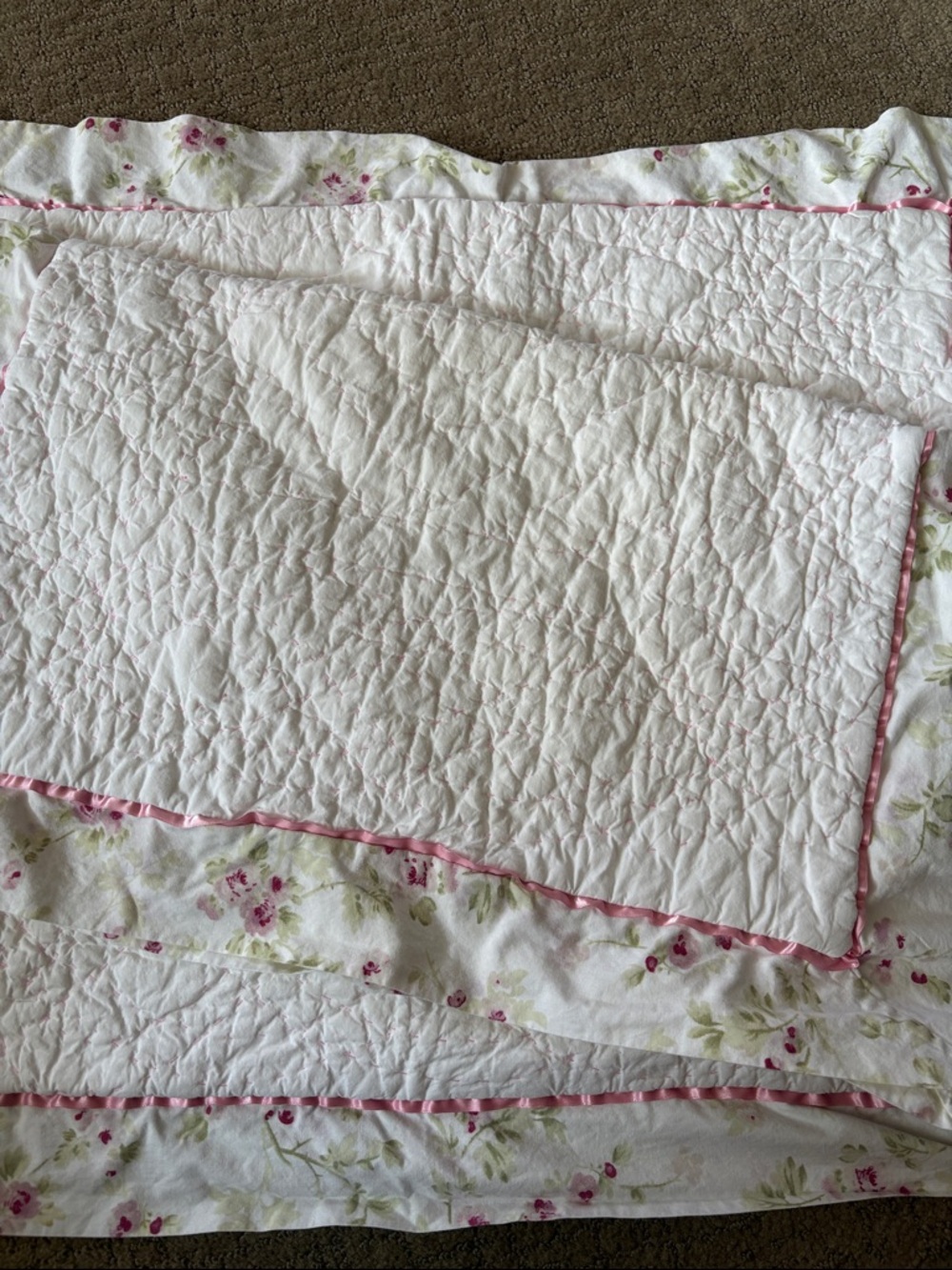 Simply Shabby Chic White Quilted pillow shams with Pink Trim and Rose Print